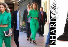 Jennifer Lopez arrives at the American Idol set in a green pants suit jennifer lopez boots